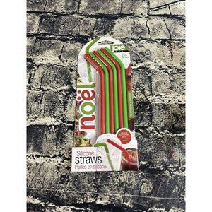Noel 6 pc Silicone Reusable Straws & Cleaning Brush Green Red BPA Free JOIE